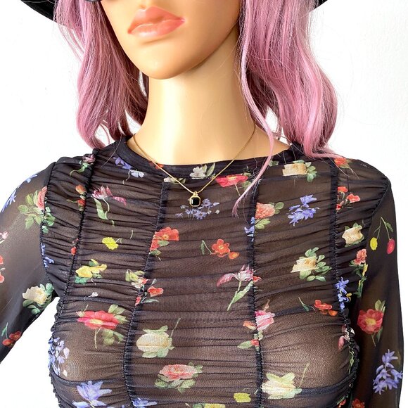 Mesh Long Sleeve Floral Blouse Sheer Ruched Top Grunge Sexy Lightweight Stretch - Picture 4 of 7
